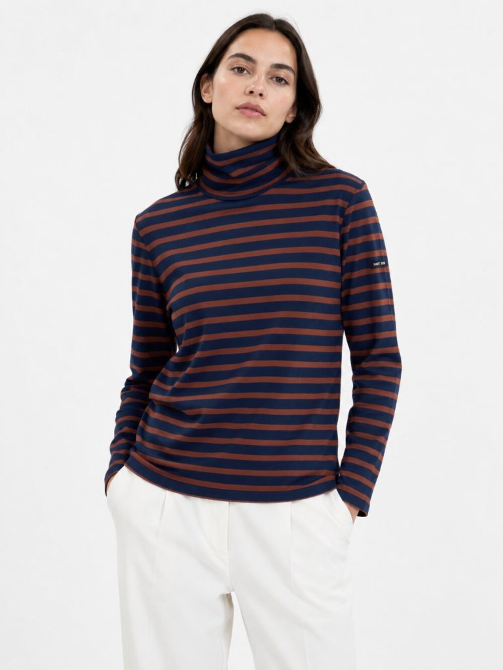 SAINT JAMES NAVY BROWN STRIPED HIGH NECK LONG TEE TOP - 8
